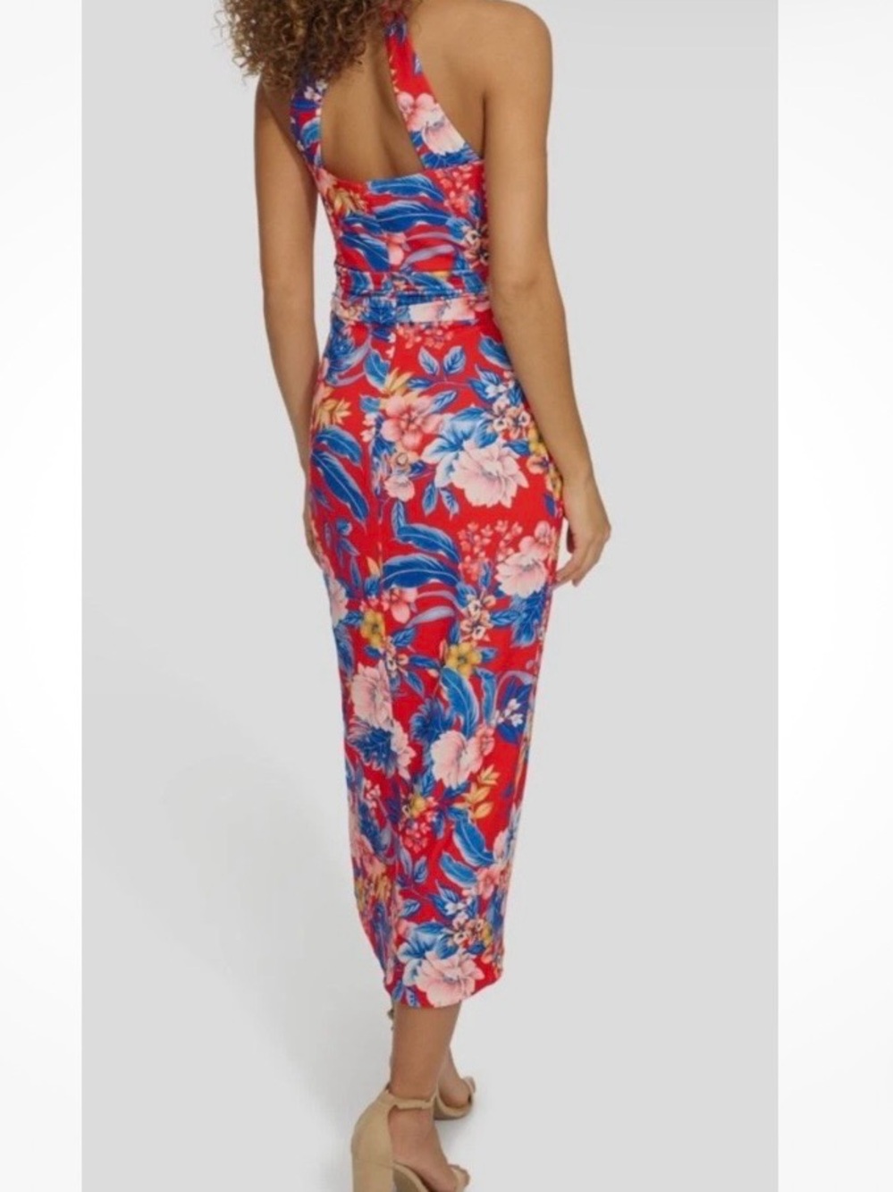 Siena Womens Red Tropical Floral Side Ruched Sleeveless Midi Dress. Size 10 - Picture 2 of 9